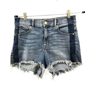 Express Shortie High Rise Jean Shorts Womens Size 2 Blue Stripe Side Cutoff Fray
